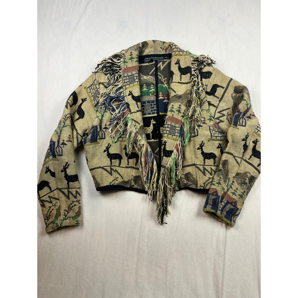 New Identity Vintage Tapestry Jacket Southwestern Deer Cabin Fringe Cropped M